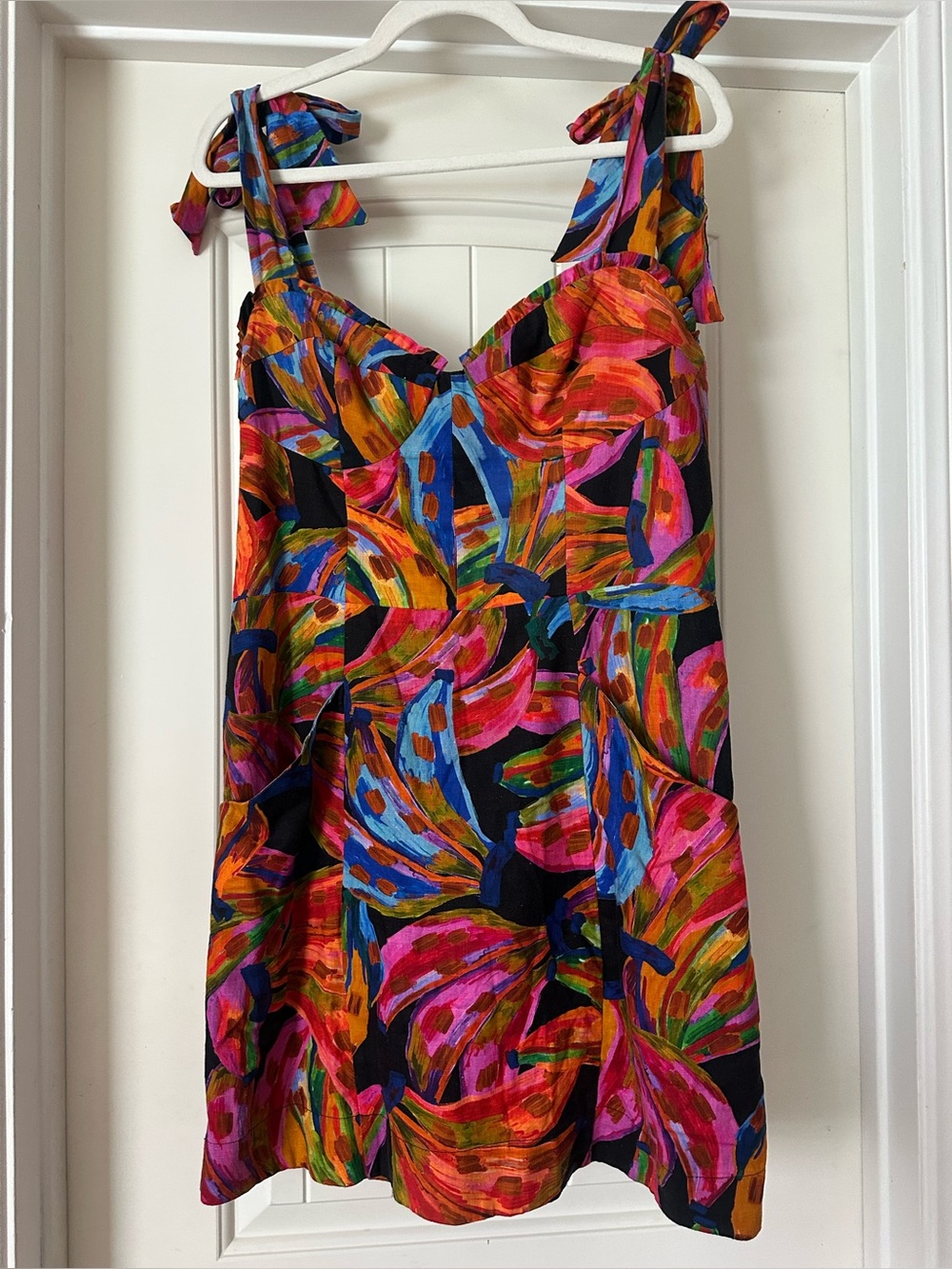 FARM Rio Tropical Rainbow Bananas Shoulder Tie Dress L
